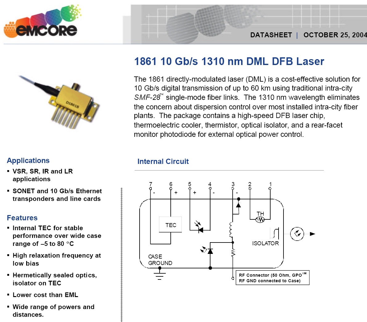 10gbps Dml Module, Emcore Or Agere 1861 Series, 1310nm, Direct ...