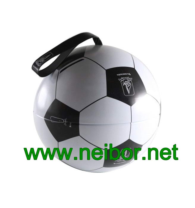 Football design hanging tin ball tin bauble with ribbon for candy and chocolate packaging