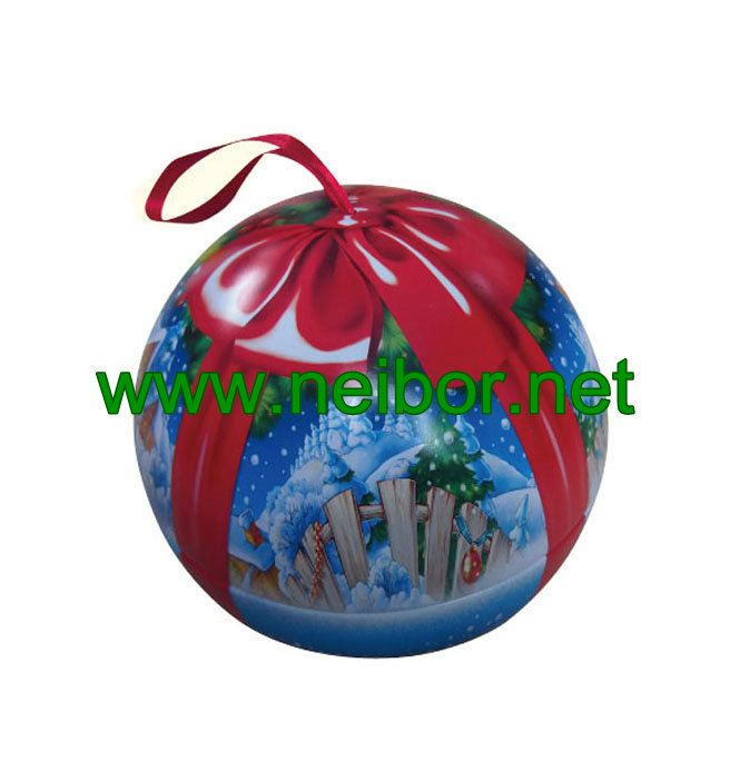 Football design hanging tin ball tin bauble with ribbon for candy and chocolate packaging