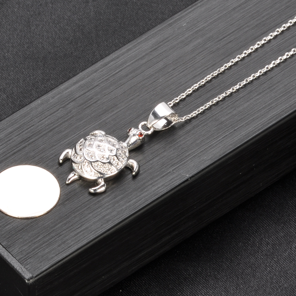 Fashion latest design initial long chain 925 silver pendant custom tortoise shape zircon jewelry necklace set