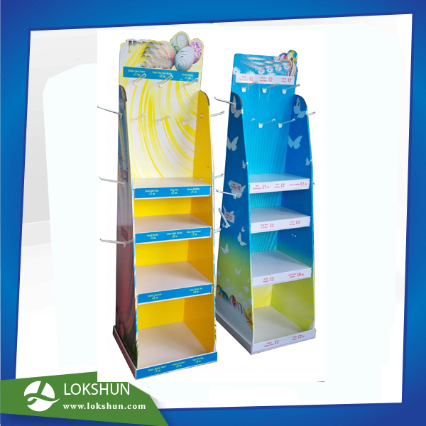 POP Cardboard Floor Display With 3 Shelves And Hooks On 2 Sides Cardboard Pegboard Display