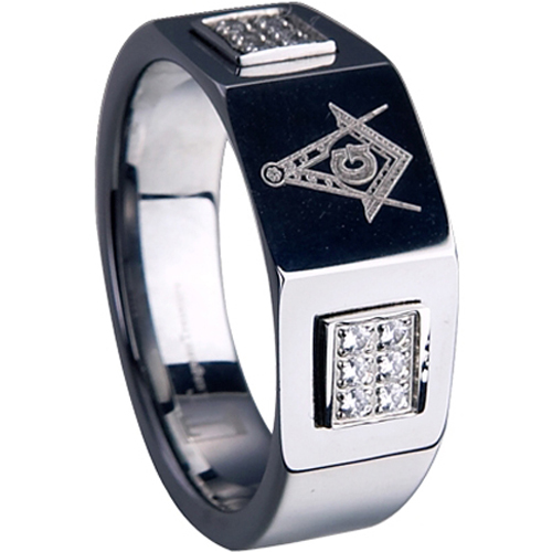 Tungsten Carbide Masonic Ring With Cubic Zirconia