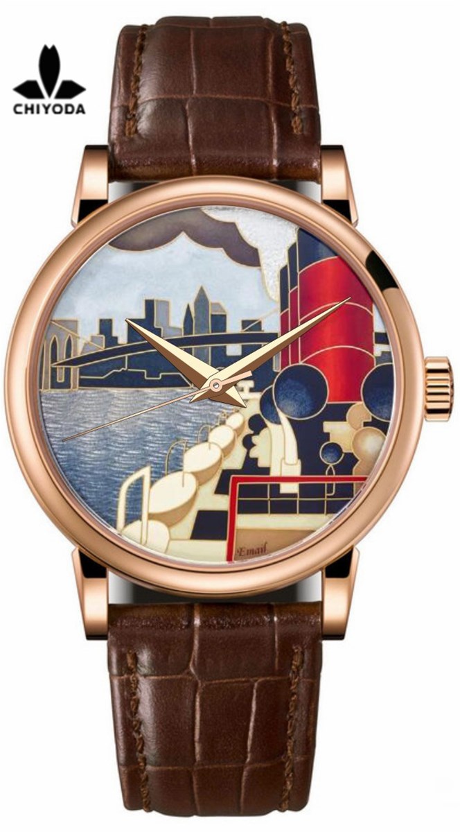 CHIYODA Mens Luxury Gold Watch Enamel Painting Automatic Watch with Swiss Movement Leather Strap Enamel 08