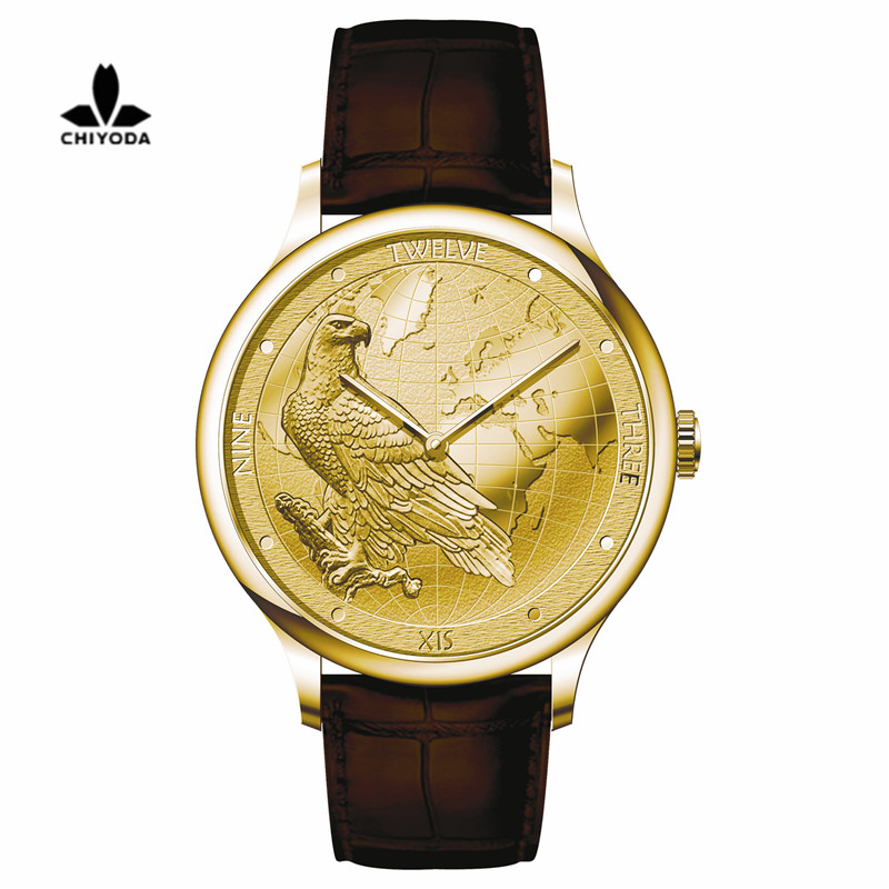 CHIYODA Luxury Golden Plated Wrist Watch with Carving Process of Map and Eagle Pattern Quartz Movement Unisex