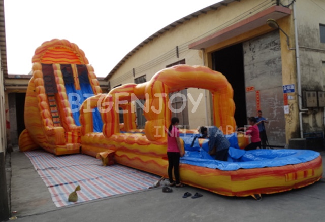 marble yellow color giant long Inflatable water Slide with pool