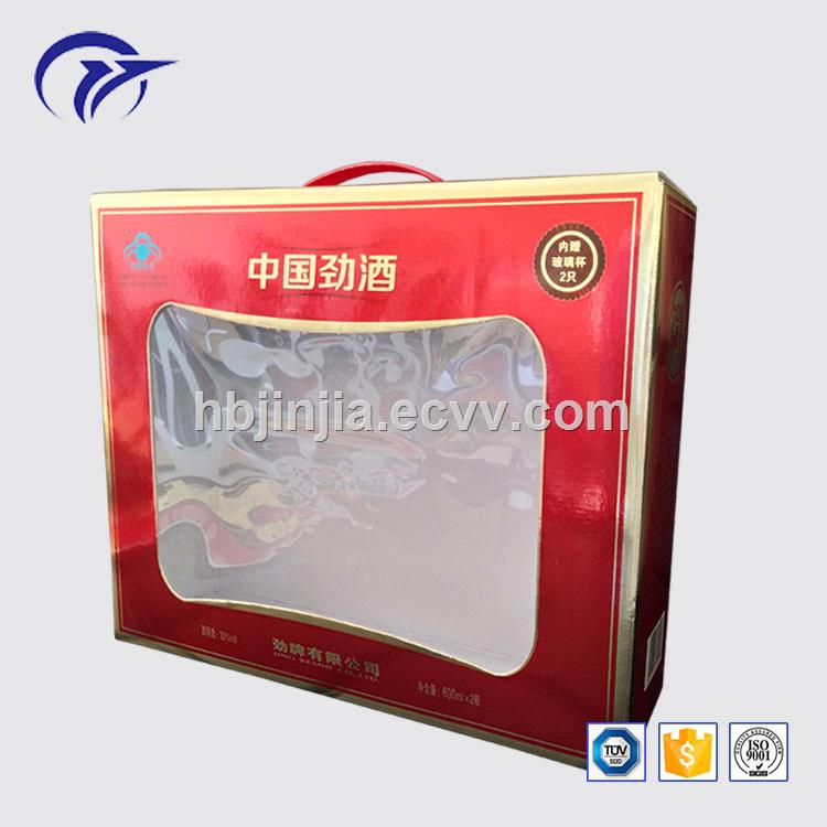 Customized design beverage packaging paper box with clear window and plastic handle