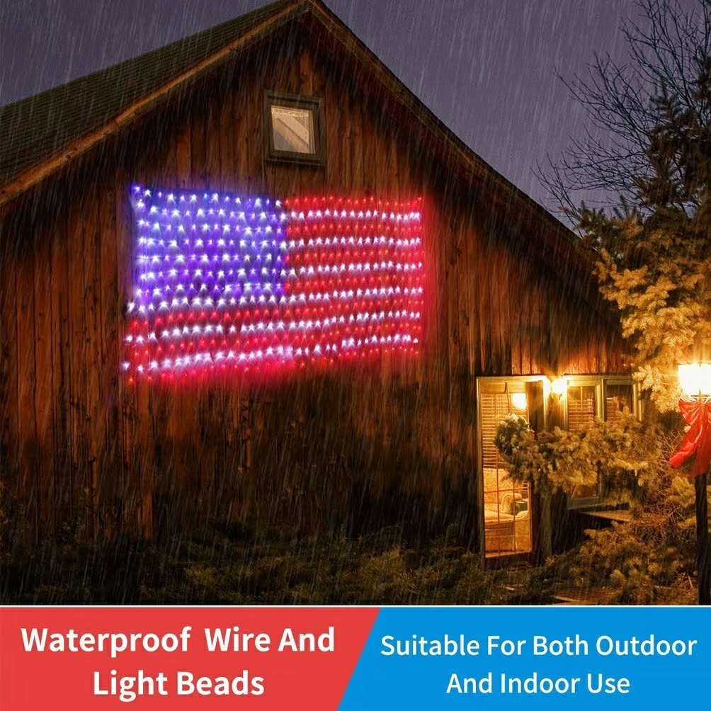 American Flag 390 LED String Lights Large USA Flag Outdoor Lights Waterproof Hanging Ornaments For Independence Day