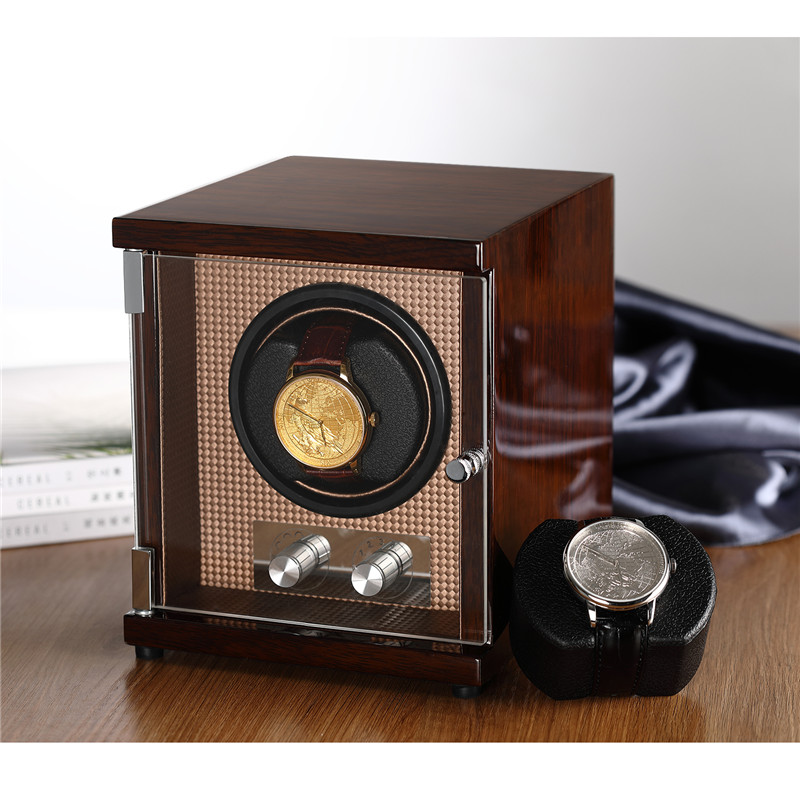 CHIYODA Single Watch Winder with Quiet Mabuchi Motor and 12 Rotation Modes High Gloss Brown