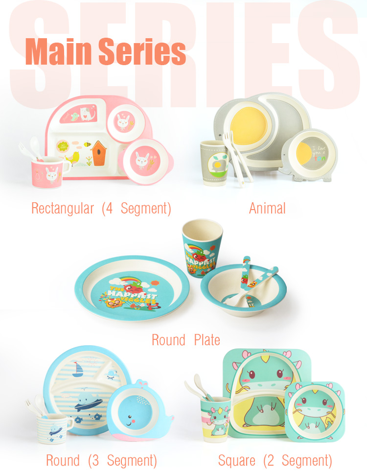 Biodegradable bamboo dinnerware set for kids cartoon animal pattern dinner sets unbreakable tableware