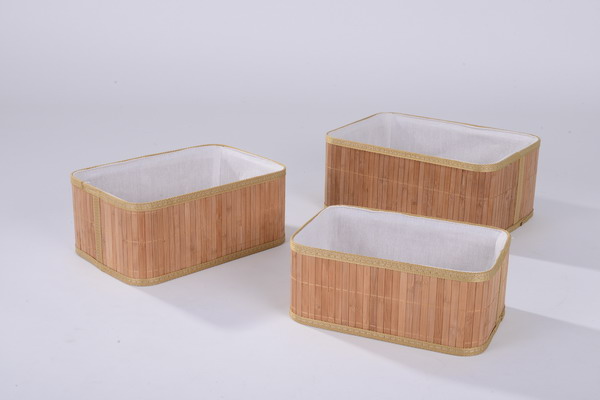Hot sale bamboo storage baskets with polyester fabric liner rectangle shape storag box 