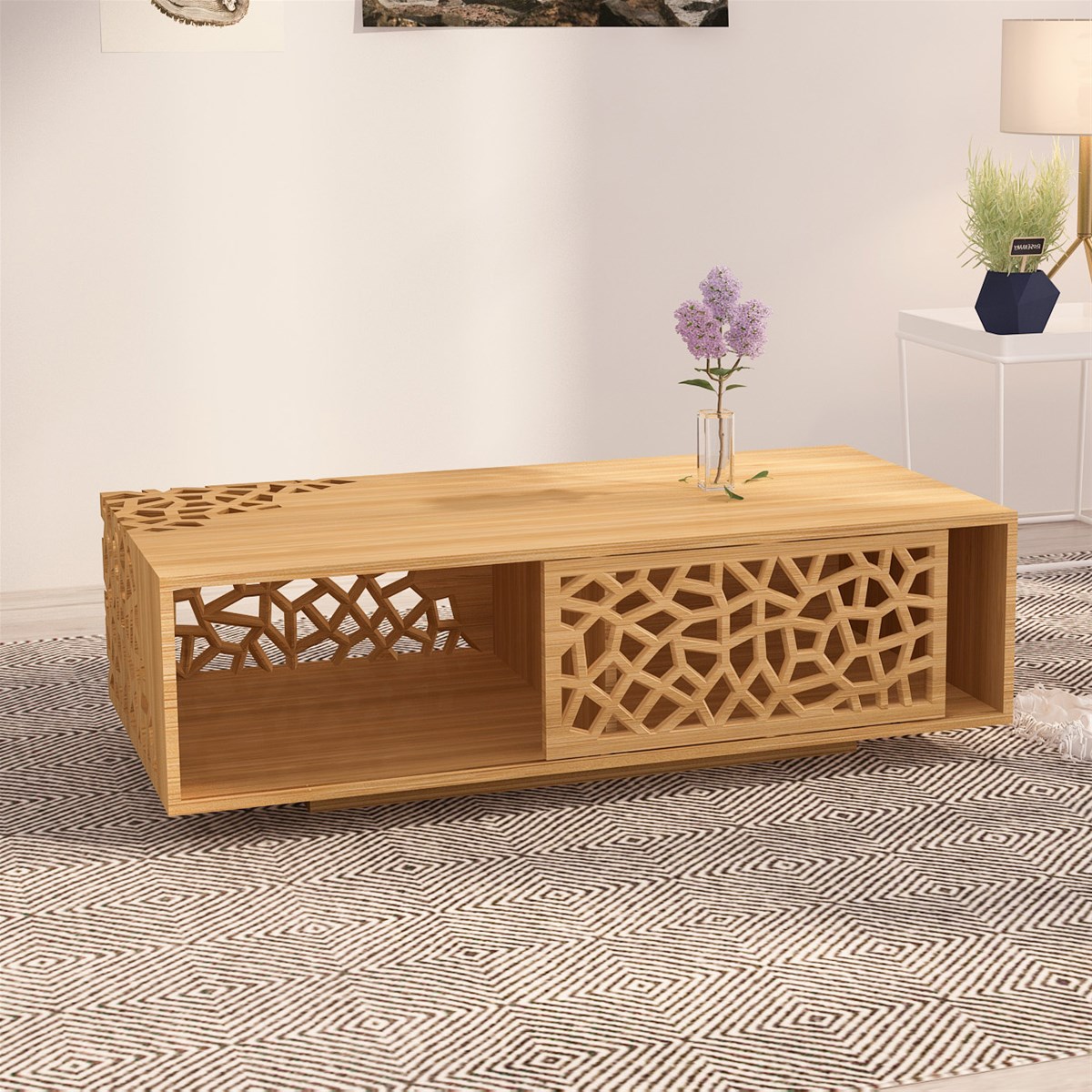 Slide Solid Bamboo Coffee Table with Sliding door