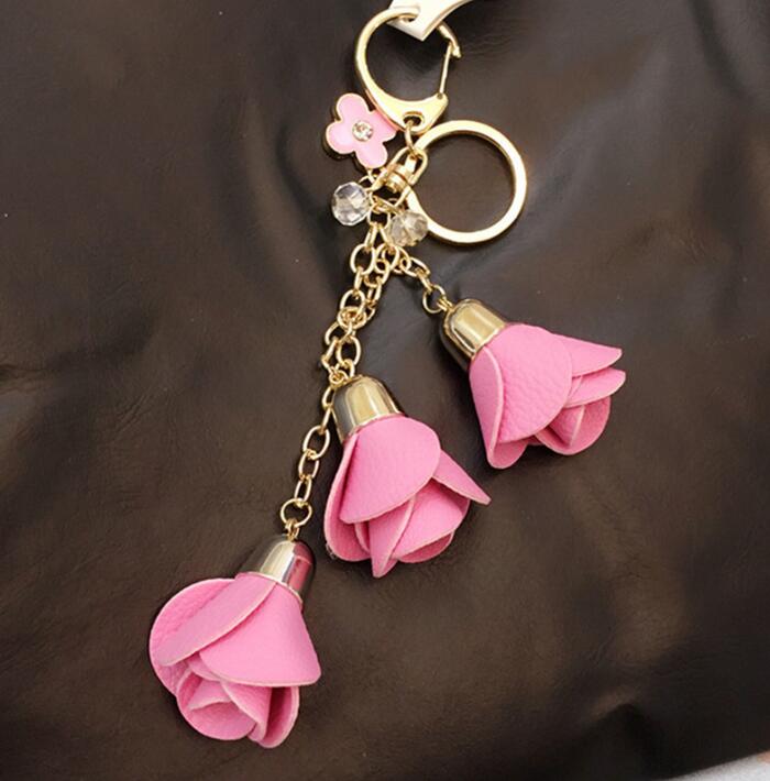 Fashion Leather Rose Tassel metal Keyring Handbag Pendant Promotional keychain bag charms