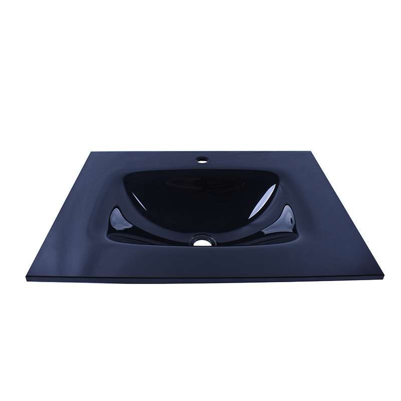 Hotel Restaurant Bathroom Rectangular Black Color Tempered Glass Integrated Sink And Countertop