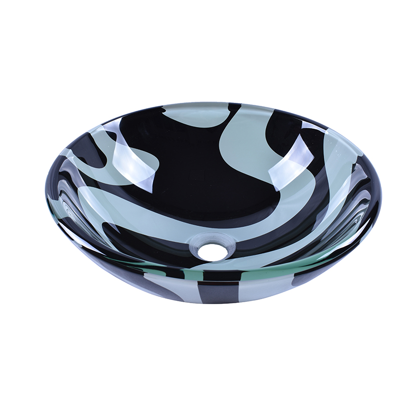 Double Temper Round Glass Vessel Basin With Black And White Flower Pattern Design