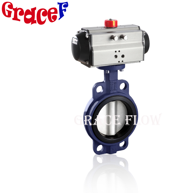 Epoxy coated wafer butterfly valve with pneumatic actuator