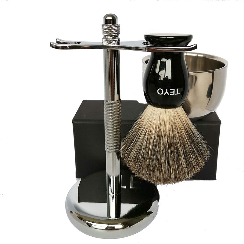TEYO Pure Badger Hair Shaving Brush Set Include Shaving Bowl Chrome Stand for Safety Razor Double Edge Razor