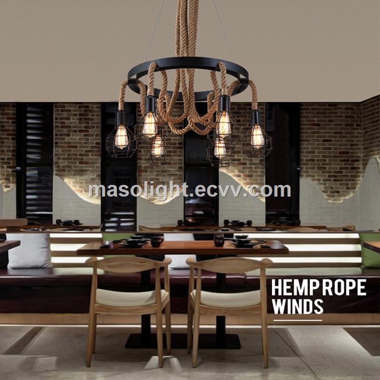 Vintage hemp rope circular chandelier ring pendant light lamp