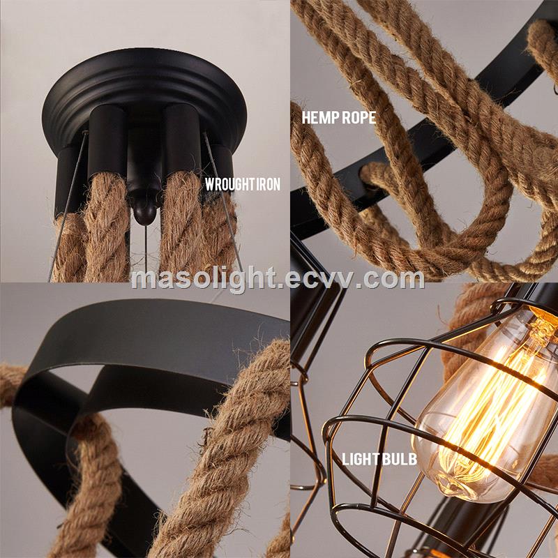 Vintage hemp rope circular chandelier ring pendant light lamp