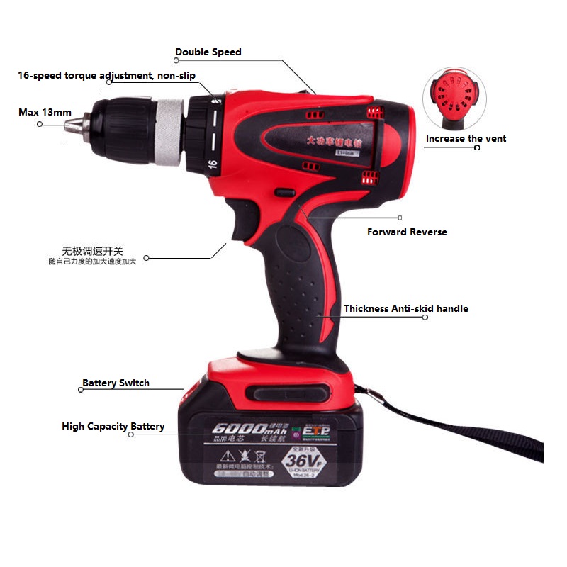 Strong Electric Drill 6000mAh8000mAh12000mAh 54NM Lithiumion Cordless Torque Electric Screwdriver13mm Drill