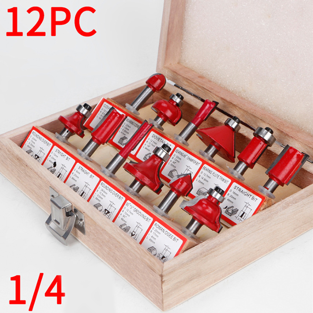 12pcs In Wooden Box Woodworking Milling Cutters Set Shank Carbide Router Bit Cutting Tools 12 14
