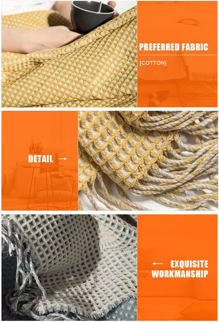 Low Moq Yellow Gray Beige Blue Single Sofa Office Nap Air Conditioning Shawl Quilt Waffle Throw Blanket with Tassel