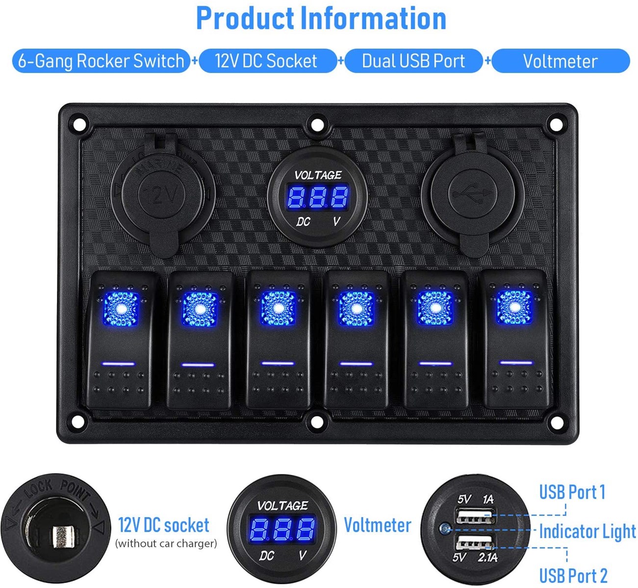 Waterproof Marine Boat Car Switch Panel with Power Cigarette Lighter Voltmeter USB Charger Socket