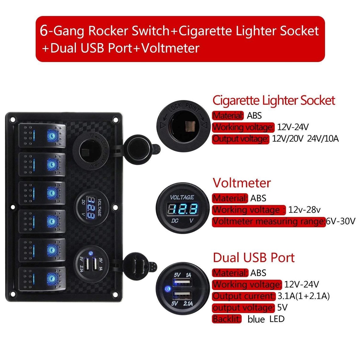 Waterproof Marine Boat Car Switch Panel with Power Cigarette Lighter Voltmeter USB Charger Socket