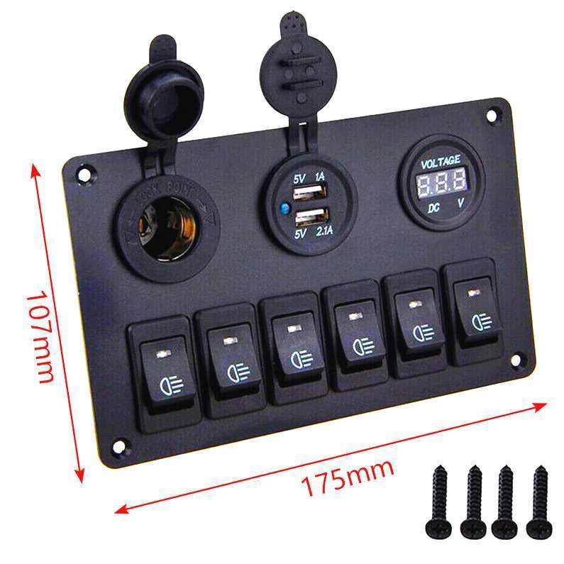 6 Gang Small Switch Panel 12V Rocker USB Socket Power Socket Breaker Control QC30 Voltage Marine