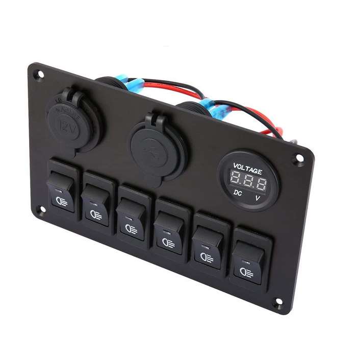 6 Gang Small Switch Panel 12V Rocker USB Socket Power Socket Breaker Control QC30 Voltage Marine