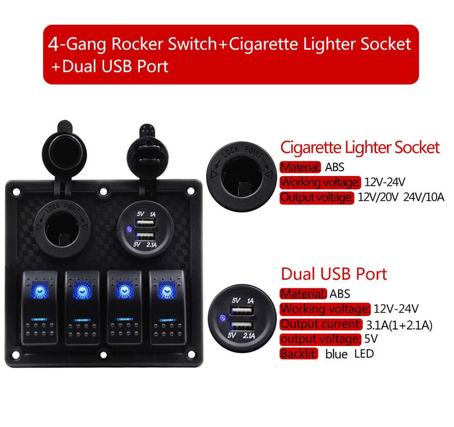Waterproof 4 Gang Rocker Switch Panel Double USB Power Charger Adapter 12V Cigarette Lighter Socket for Marine Boat C