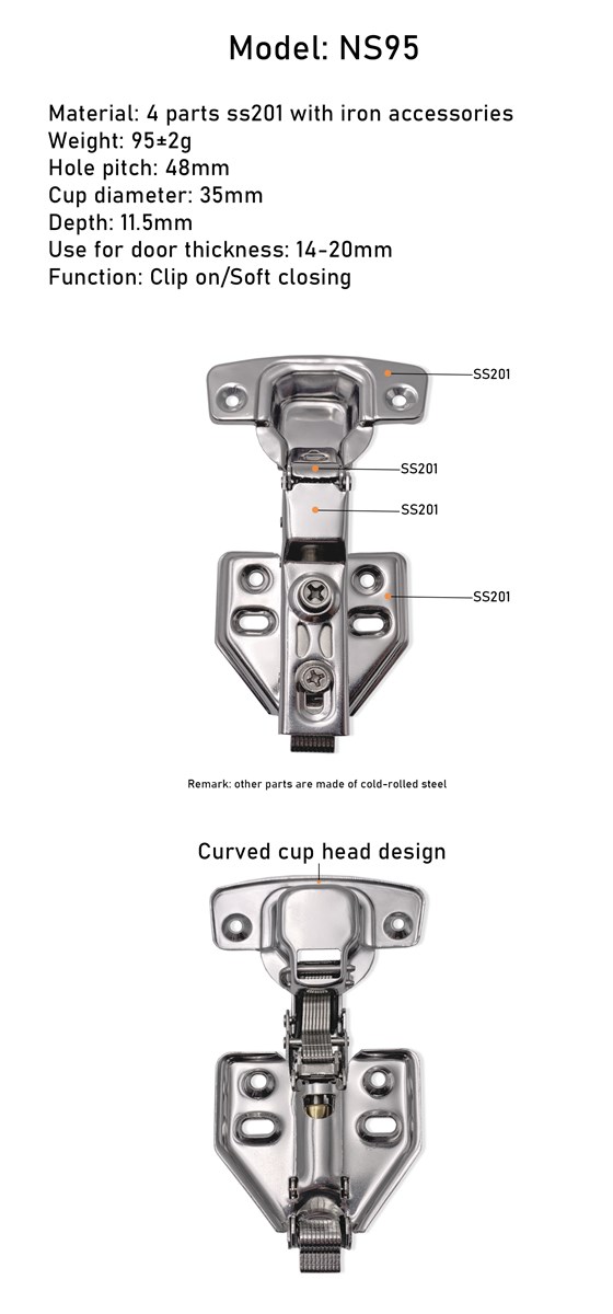 95g Soft closing clip on stainelss steel ss201 cabinet hinge