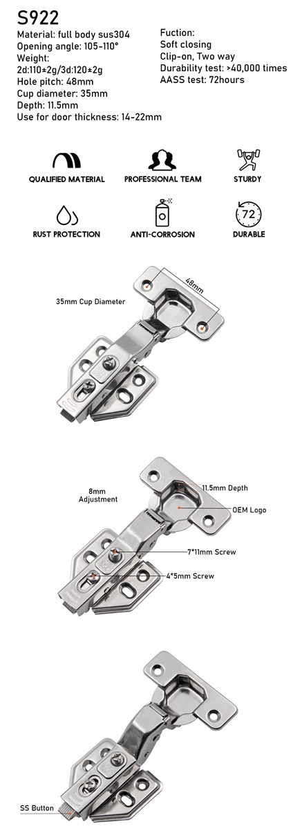 sus304 two way clip on soft closing cabinet hinge