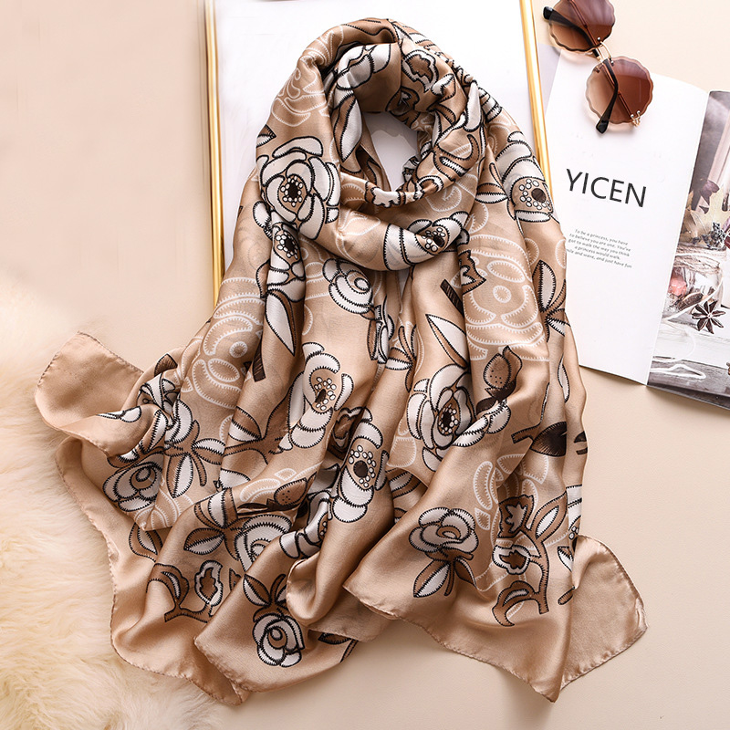 Factory supply scarves muffler summer beach shawl wraps fashion grey flower print oversize long women silk scarf