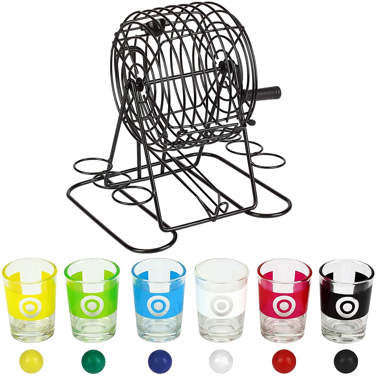 Drinking Bingo Party Game Metal Bingo Cage 48 Colored Bingo Balls and 6 Glass Shot Glasses Fun Drinking Game