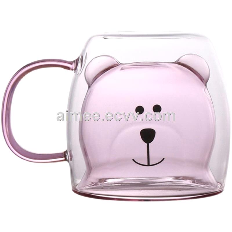 New Design Colorful Bear Shape Double Wall Glass Cup Pink Double Walled Glass mug With Handle