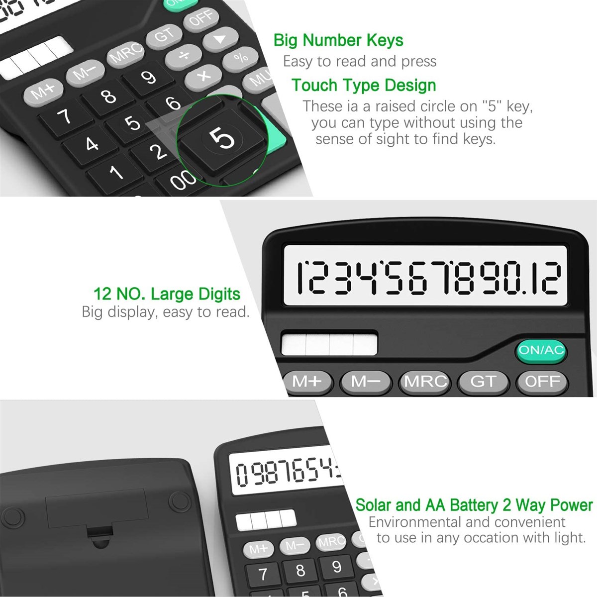 Desktop Basic Calculators with 12 Digit Large LCD Display Solar Battery Dual Power Office Calculator