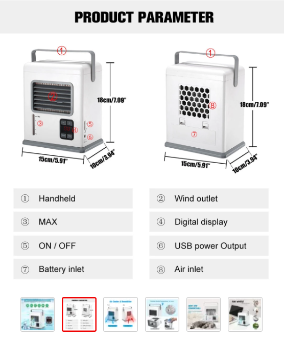 Rechargeable Portable Handheld Air Conditioner Conditioning USB Mini Air Cooler Digital Display Air Cooling Fan