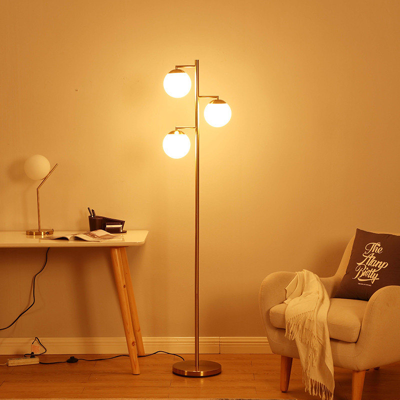 Modern Frosted Glass Globe Floor Lamp with Two LightsLED Standing LightAntique BrassRose Gold