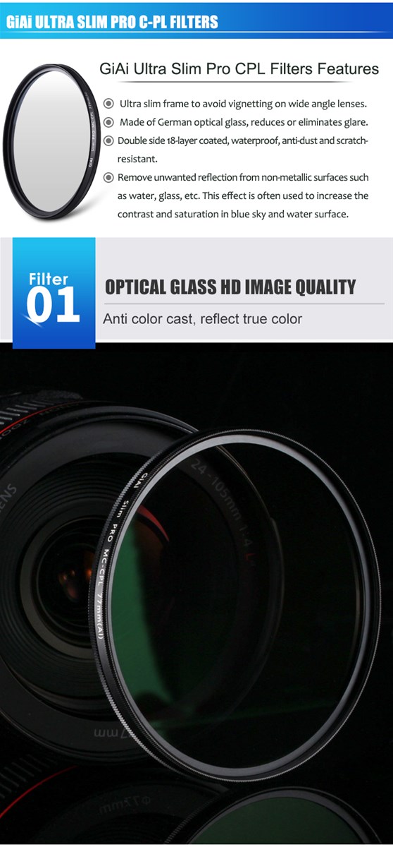 GiAi 55mm Nano Coated Circular Polarizer Filter Camera CPL Filter