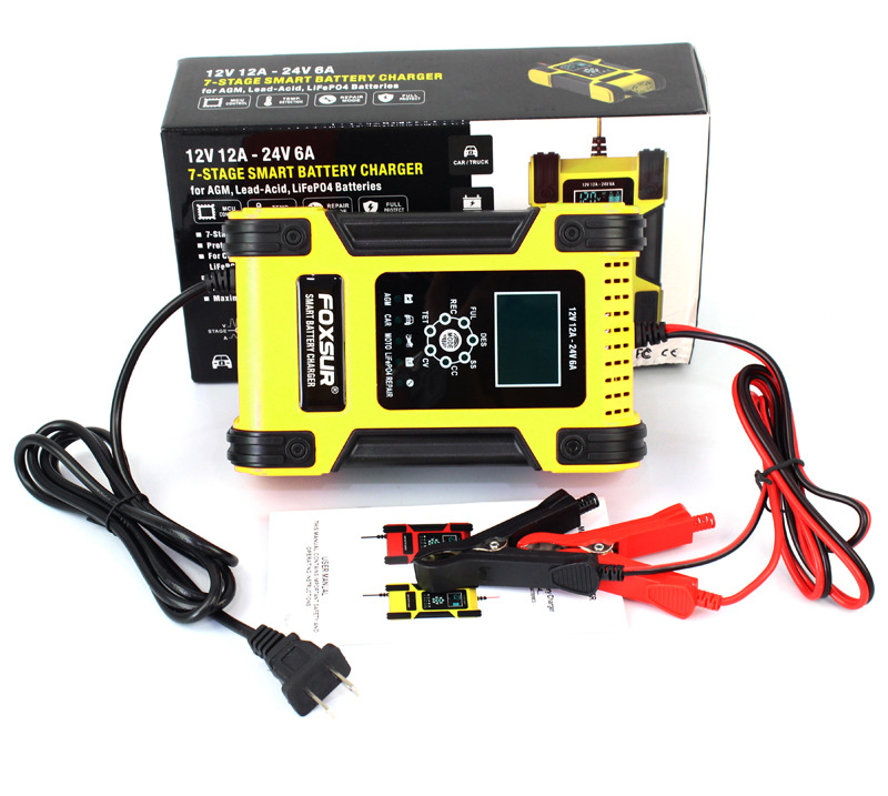 FOXSUR 12V24V 12A Touch Screen Pulse Repair LCD Fast Power Charging Wet Dry Lead Acid Digital LCD Car battery charger