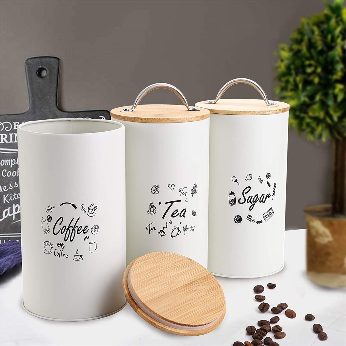 3 Pack Kitchen Canisters with Bamboo Lids Metal Canister Set Coffee Sugar Tea Flour Storage Containers