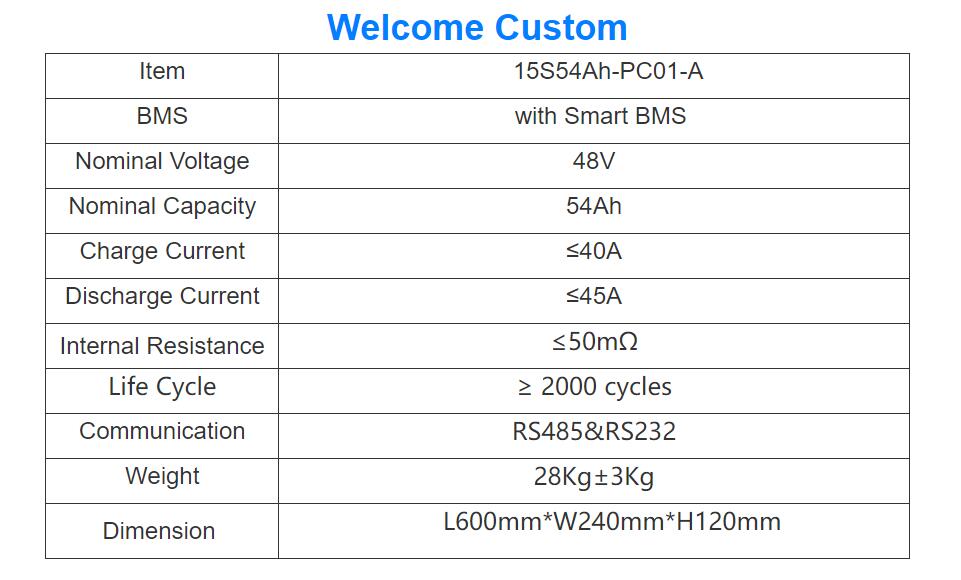 custom 48v lithium battery pack with smart BMS