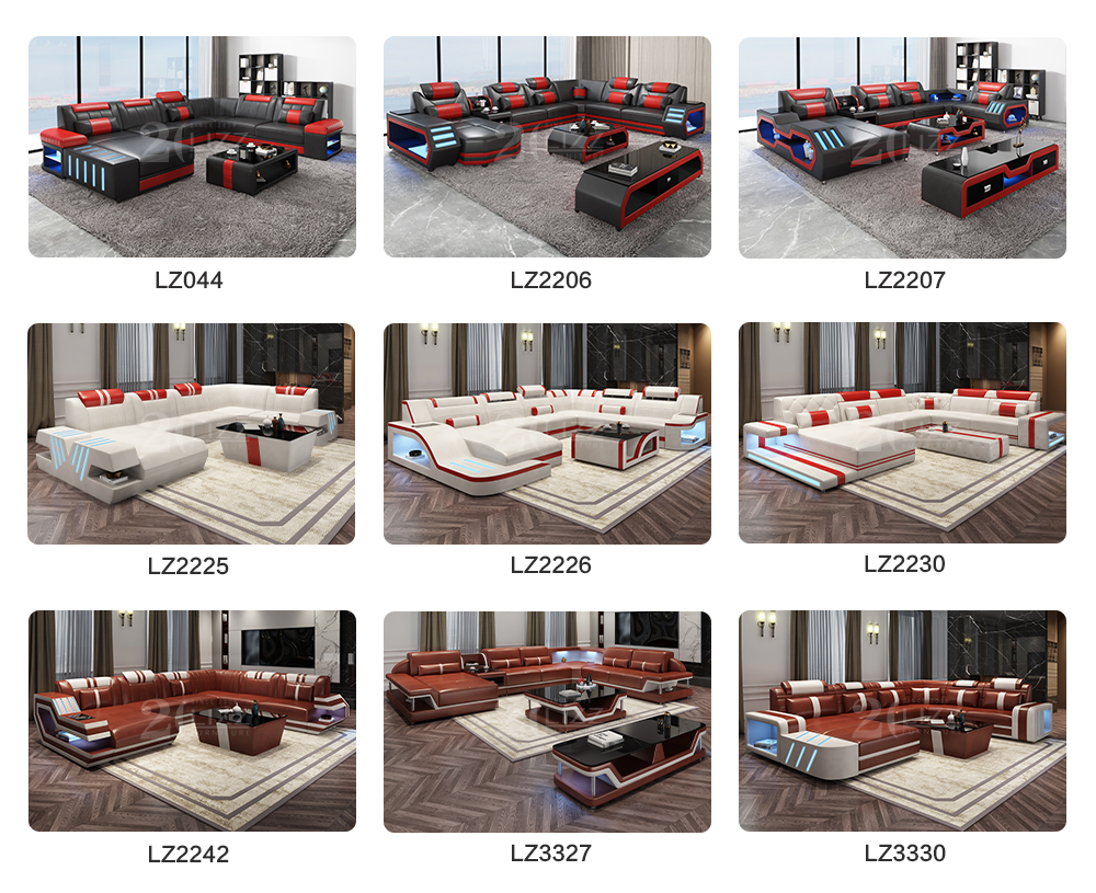 Factory Supplier Leisure LED Genuine Leather Living Room Modular Couch Luxury Functional Home Furniture Sectional U Shap