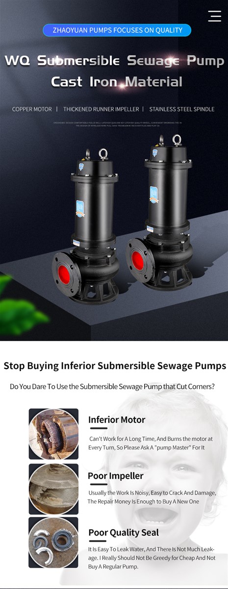 ZHAOYUAN Submersible Mining Sewage Dirty Water Submersible Sewage electric motor raw water pump