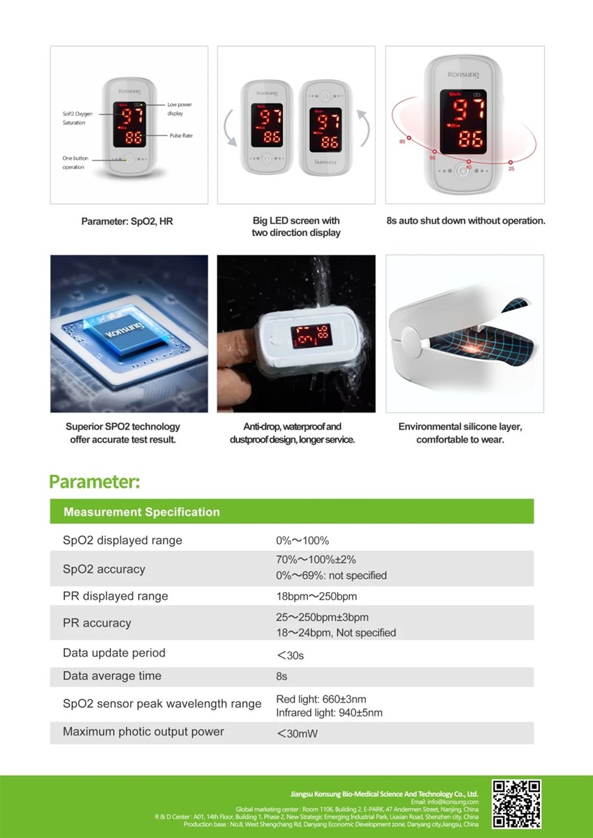 Konsung OLED Portable Fingertip Pulse Oximeter with Dry Batteries