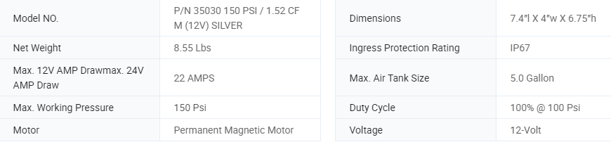 Viair Silver 350C Air Compressor 150psi 152cfm 12V with Low AMP Draw and Simple Installation