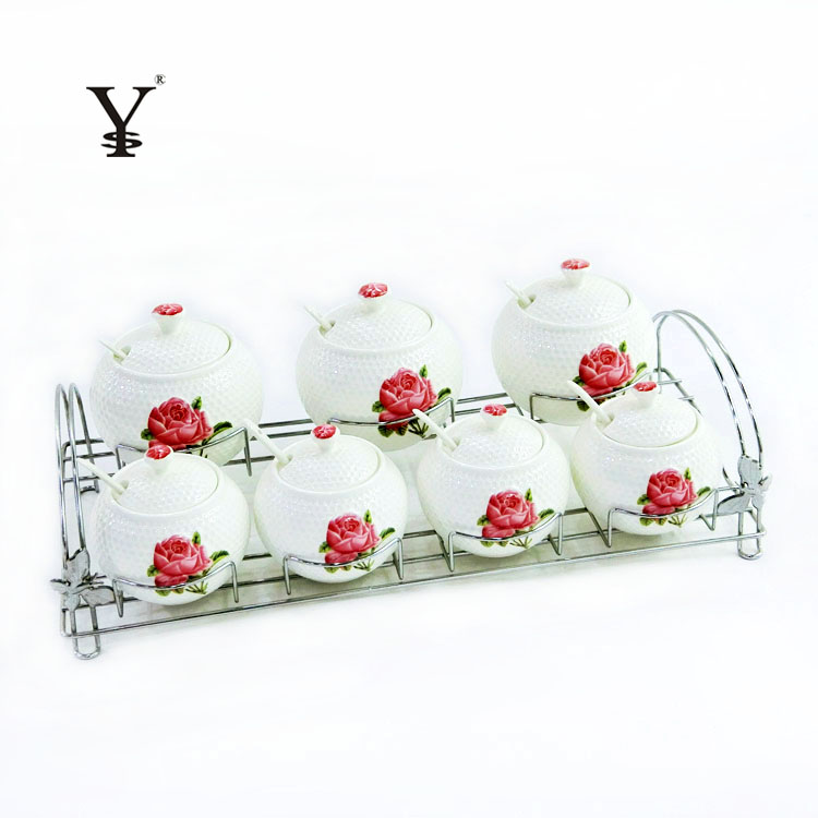 7pc Storage Pots White Porcelain Rose Decoration Canister Set With Holder Ceramic Tea Coffee Sugar Pots