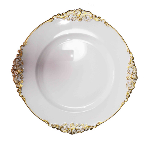 White Plastic Acrylic Charger Plate with Gold Colorful Decoration for Wedding