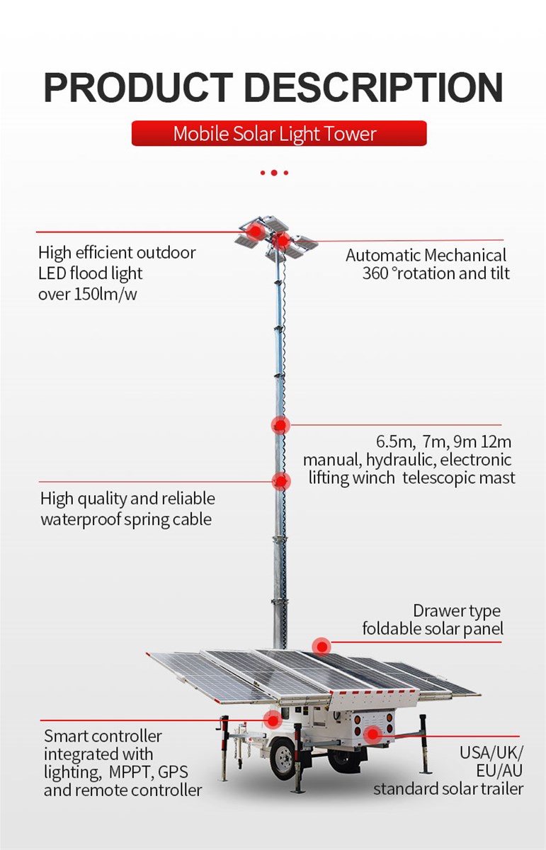 Mobile solar light tower trailer highly customizable for outdoor