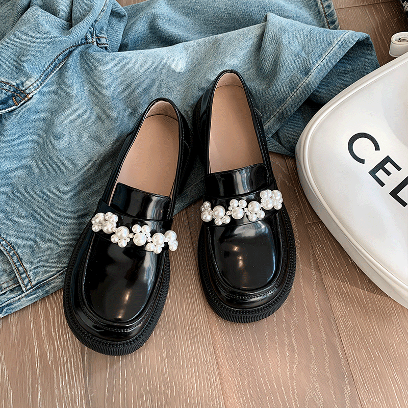Thick soled Mary Jane shoes pearl round head British style small leather shoes womens minority JK retro square head mid